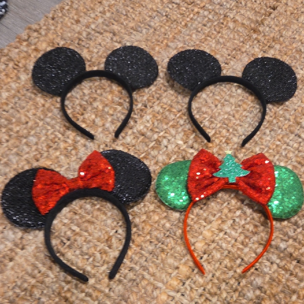 Set of 4 Glitter Mouse Ear Headbands - Black, Red & Green